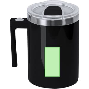 A black mixing mug with a clear lid and a green accent panel. Features a handle and branding.