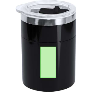 A black mixing mug with a clear lid and a green rectangular area. Features a logo on the side.