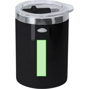A drink mug in black with a clear lid and a green stripe. It features a logo on the front.
