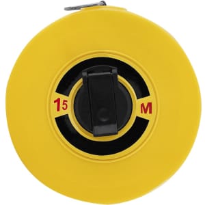 A yellow 15m tape measure with a black retraction button and a circular design. Features a logo on the front.