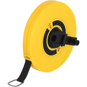 A yellow 15m tape measure with a black retractable tape and a branding logo.