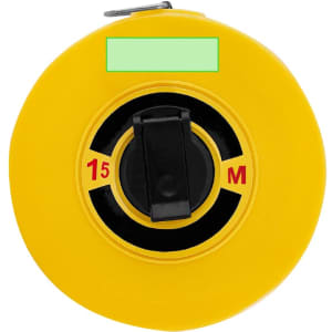 A yellow tape measure with a black locking mechanism and a circular design, featuring a branding logo.