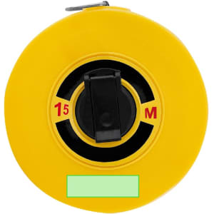A yellow 15m tape measure with a black retractable mechanism and a logo on the surface.