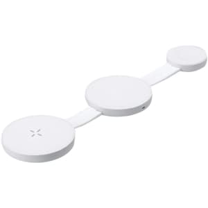 A white wireless charger with three circular charging pads connected by a flexible band. It features a small logo.