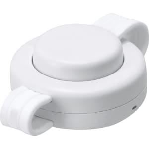 A white wireless charger with a circular design and adjustable strap. It features a branding logo.