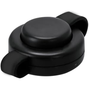 A black wireless charger with a smooth, rounded design and two flexible straps. It features a logo.