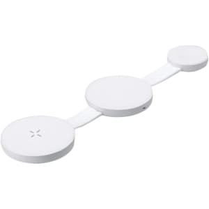 A white wireless charger featuring three circular charging pads connected by a flexible band. The product has a logo.