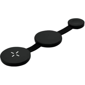 A wireless charger in black, featuring three circular charging pads connected by a flexible band.