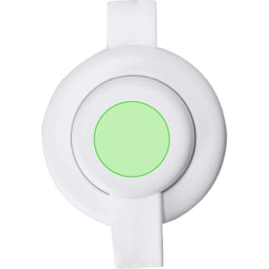 A white wireless charger with a circular design and a green centre. It features a small logo.