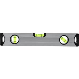 A metallic level tool with a sleek grey finish and bright green vials for measuring alignment. It features two hand grips.