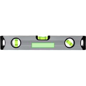 A metallic bubble level featuring green vials for measuring. It has a minimalistic design with two handles.