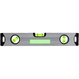 A silver bubble level featuring green vials, with a logo. Suitable for various alignment tasks.