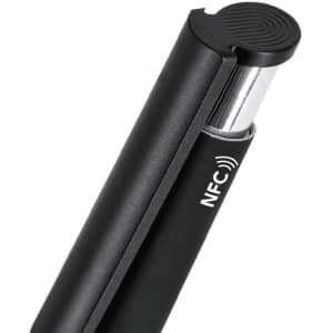 A black plastic pen featuring a silver tip and an NFC functionality. The pen has a sleek, modern design.