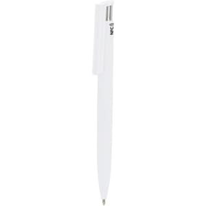 A white plastic pen with a silver clip and NFC technology, featuring a logo on the side.