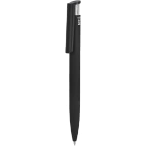 A black plastic pen with a clip and NFC feature, standing upright against a white background.
