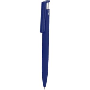 A blue plastic pen with a sleek design, featuring a clip and an embedded logo.