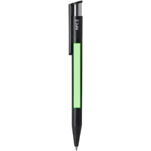 A black plastic pen with a green section and an NFC logo on the clip.