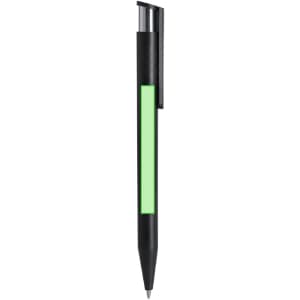 A black plastic pen with a green section and a clip, featuring a logo.