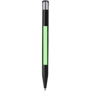A black plastic pen with a green section and a silver top, featuring a logo.