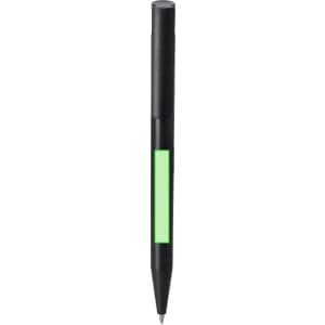 A black plastic pen featuring a green accent and a logo on the side.