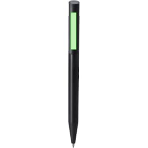 A black plastic pen with a green section, featuring a logo on the side.