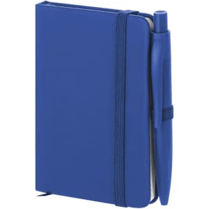 A blue notepad with an elastic band and a matching pen attached, featuring a simple design.