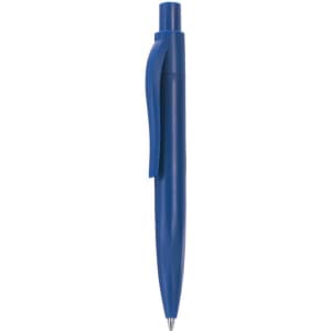 A blue pen with a clip and a smooth barrel design, featuring a silver tip. The pen has a simple, sleek appearance.