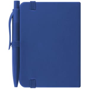 A blue notepad with an elastic band and matching pen attached. The notepad has a smooth finish and a logo.