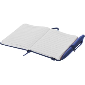 A blue notepad with lined pages and an attached blue pen, open to display its contents.
