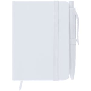 A white notepad with a pen attached, featuring an elastic band. It has a sleek, minimalistic design.