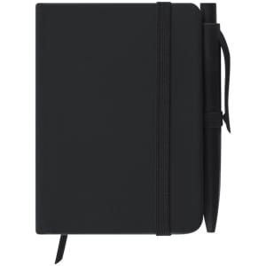 A black notepad with a pen attached, secured by an elastic band. Features a smooth, minimalist design.
