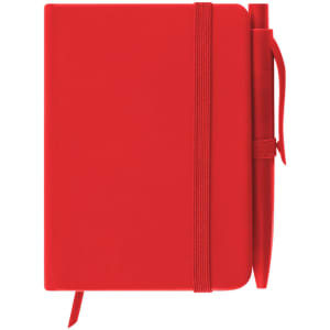 A red notepad with an elastic band, accompanied by a matching pen, featuring a logo.