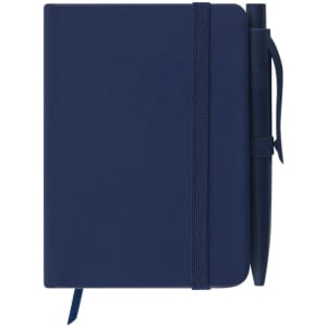 A navy notepad with a matching pen, featuring an elastic closure and a ribbon bookmark.
