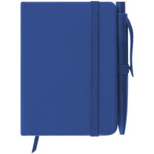A blue notepad with an elastic band and a matching pen attached. It features a smooth finish and a logo.