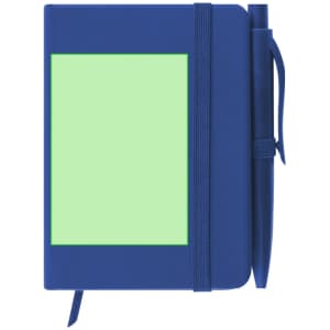 A blue notepad with a green blank area on the front, accompanied by a matching pen.