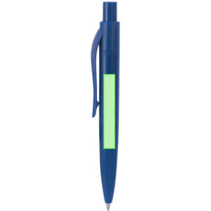A blue pen with a green rectangular section for customisation. It features a clip and a ballpoint tip.