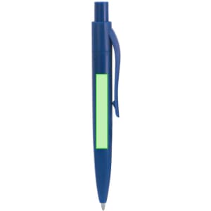 A blue pen with a green accent and a clip, featuring a blank area suitable for branding or customisation.