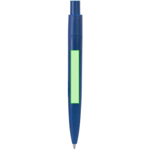 A blue pen with a green section for branding or personalisation. It features a click-top design.