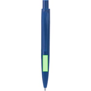 A blue pen with a transparent green section. It features a clip for convenient attachment and has a logo.