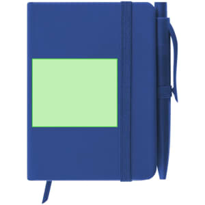 A blue notepad with an elastic band and a matching pen, featuring a blank green label on the front.