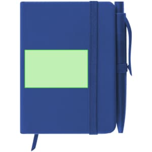 A navy notepad with an elastic band and a pen attached, featuring a blank green label on the front.