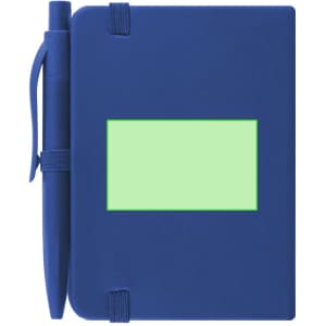 A navy notepad with an elastic band and matching pen attached, featuring a light green rectangular placeholder for branding.