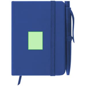 A blue notepad with a green rectangular label and a matching pen, secured with an elastic band.