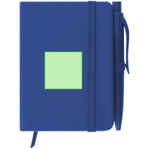 A blue notepad with a green square on the cover, accompanied by a matching pen and an elastic closure.