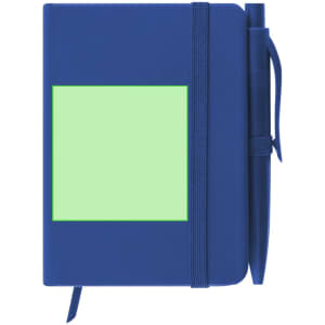 A navy blue notepad with a green blank area on the cover, accompanied by a matching pen. It features an elastic band.