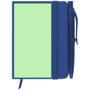 A blue notepad with a green cover and a matching pen attached, featuring a logo.