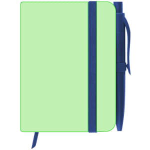 A light green notepad with a blue pen and elastic band, featuring a simple design and logo.