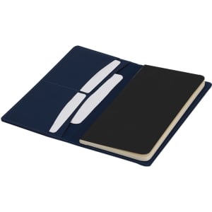A navy blue notepad with a leather-like cover, featuring an open layout with pockets and a blank inner notebook.