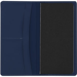 A navy blue notepad with a textured cover, featuring a black writing section and pockets for cards.