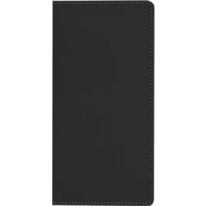 A black notepad with white stitching detail and a closed cover. It features a logo on the front.